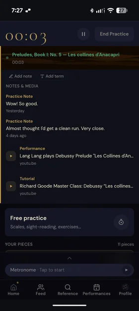 Active practice session with timer, piece tracking, notes, and media links